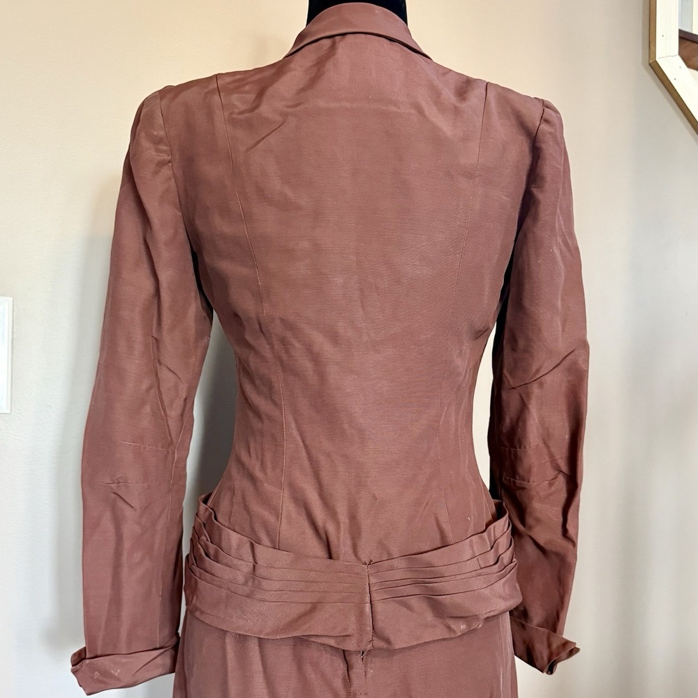 2pc VTG 40s MCM Brown Crepe Suit Rhinestone‎ Button Jacket A-Line Skirt Women S - Picture 4 of 16